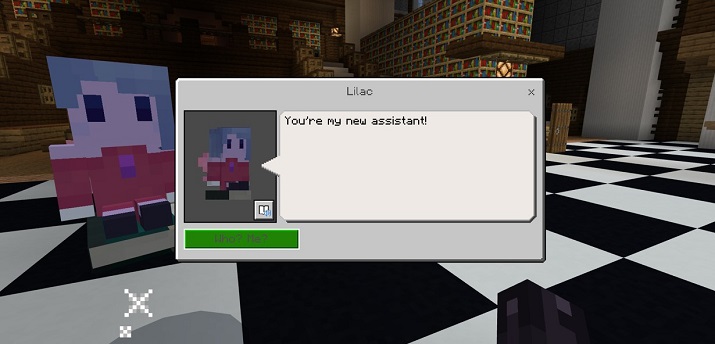 Screenshot of Minecraft game play, featuring Lilao who explains that the user is their new assistant