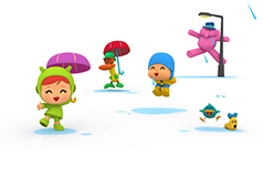 Pocoyo cartoon characters in the rain