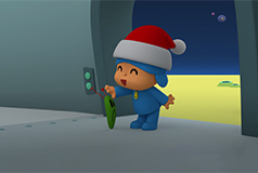 Pocoyo on a planet wearing a santa hat