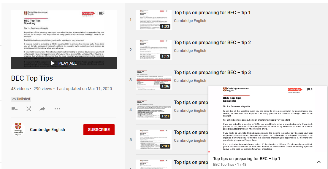 BEC Videos - Top Tips - Youtube Playlist