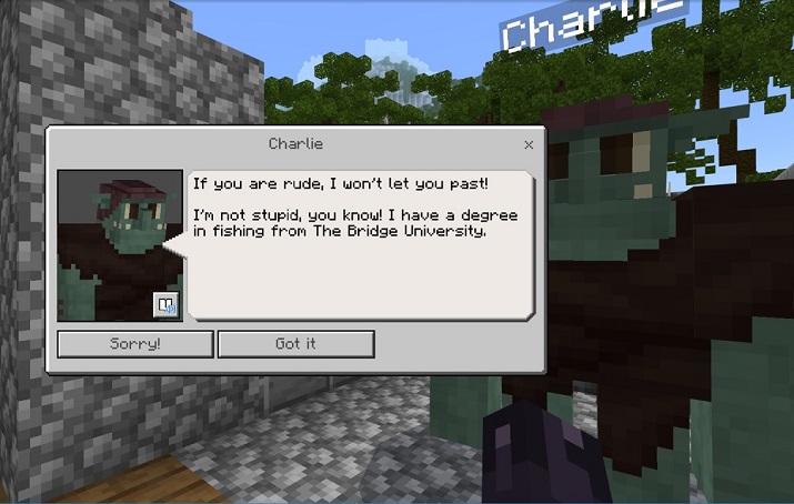 Screenshot of Minecraft game play, featuring Charlie who won't let the user get passed, giving the user a choice in how to proceed