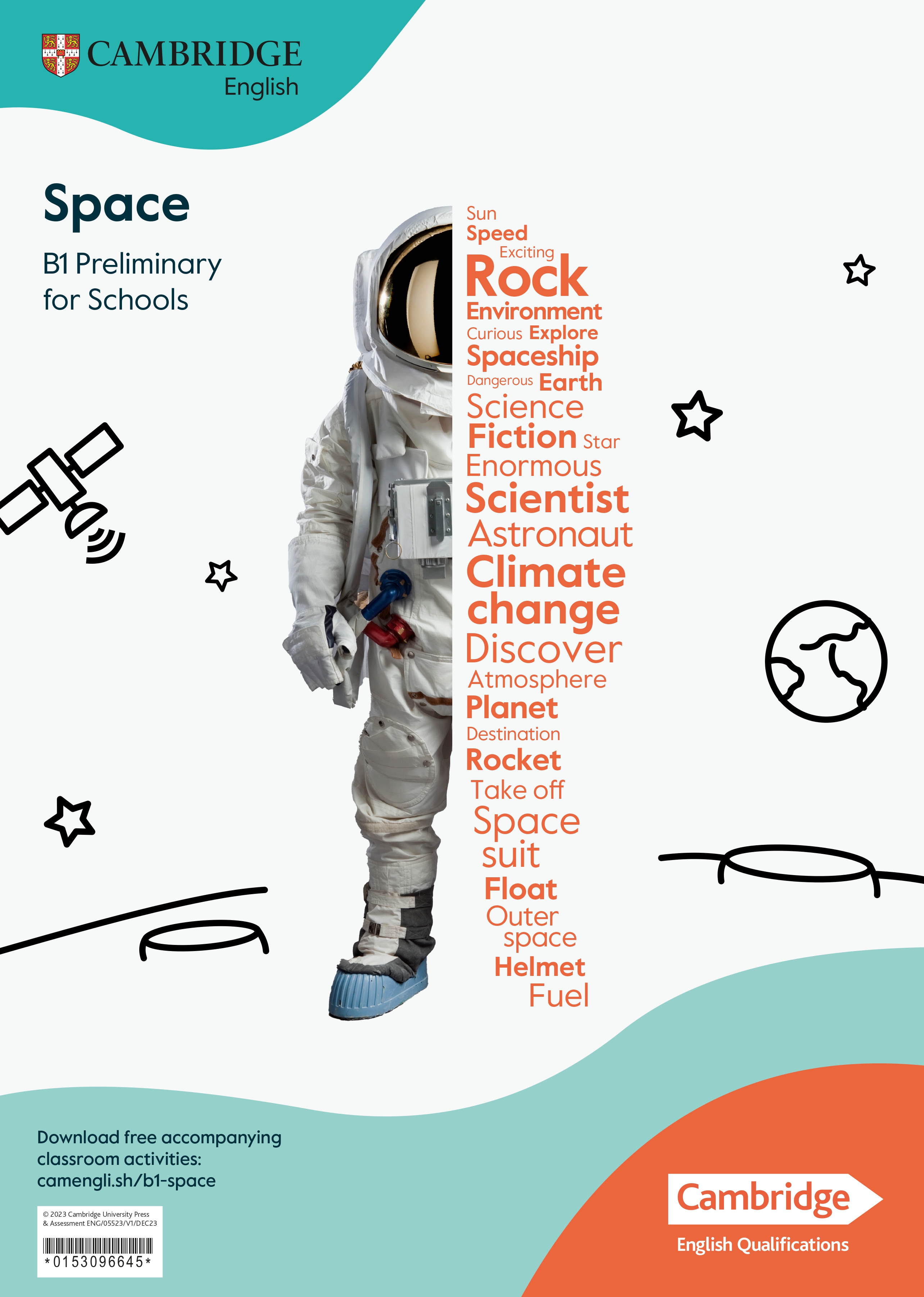 Astronaut beside a space-themed word cloud on a Cambridge English B1 poster.
