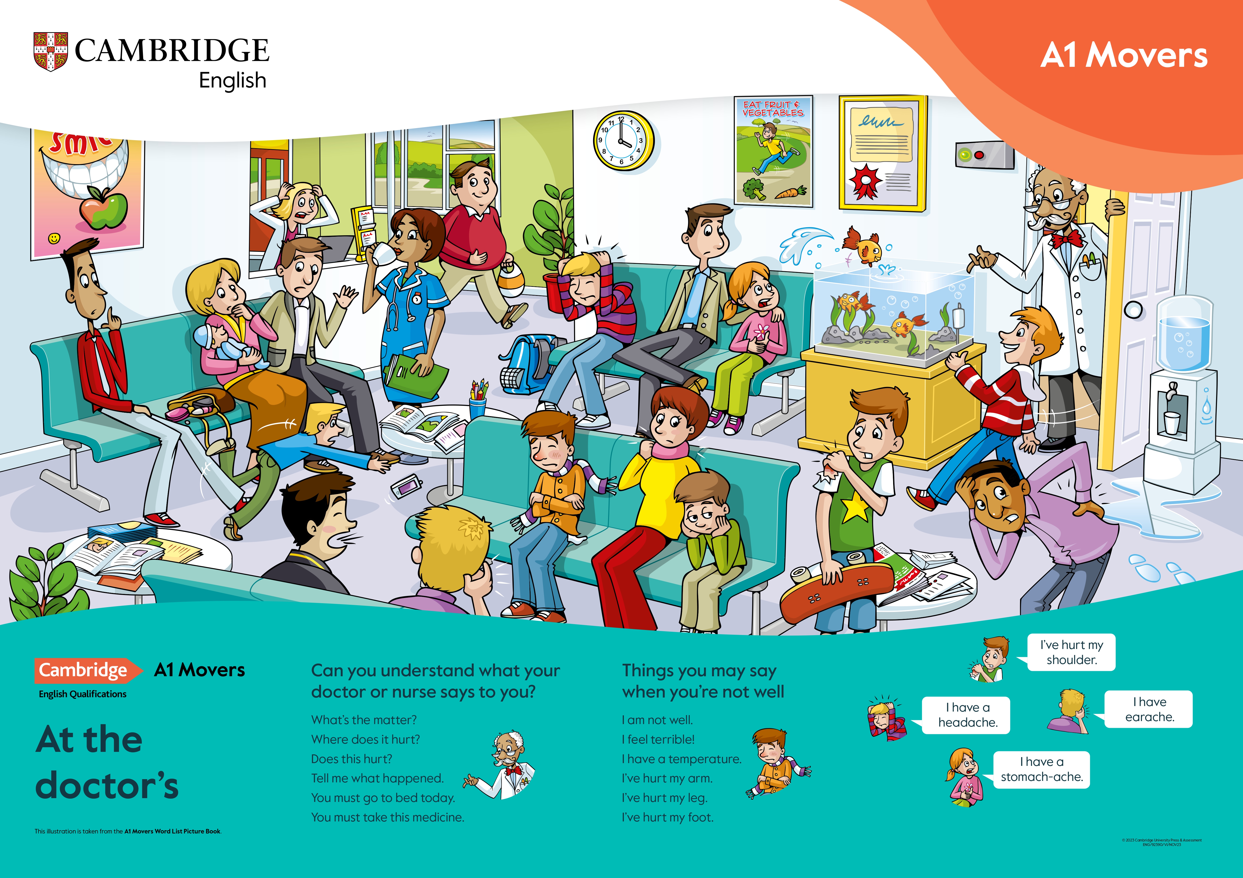 A1 Movers At the doctors scene with patients, medical staff and health-related phrases.
