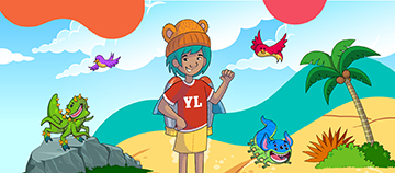 Child in cartoon scene with dinosaurs, exploring English through digital tasks.