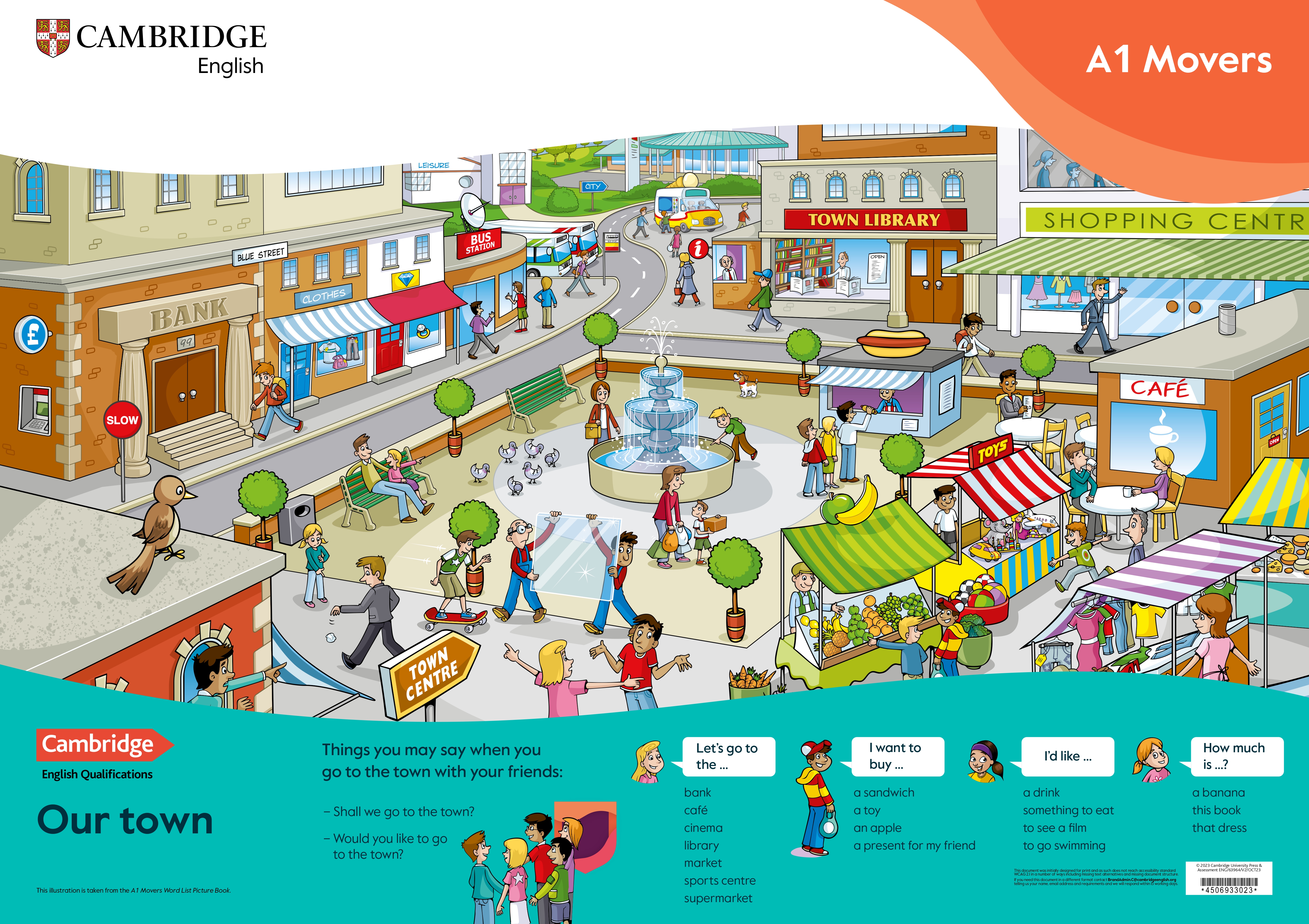 A1 Movers Our Town scene with shops, a library, cafe and market.