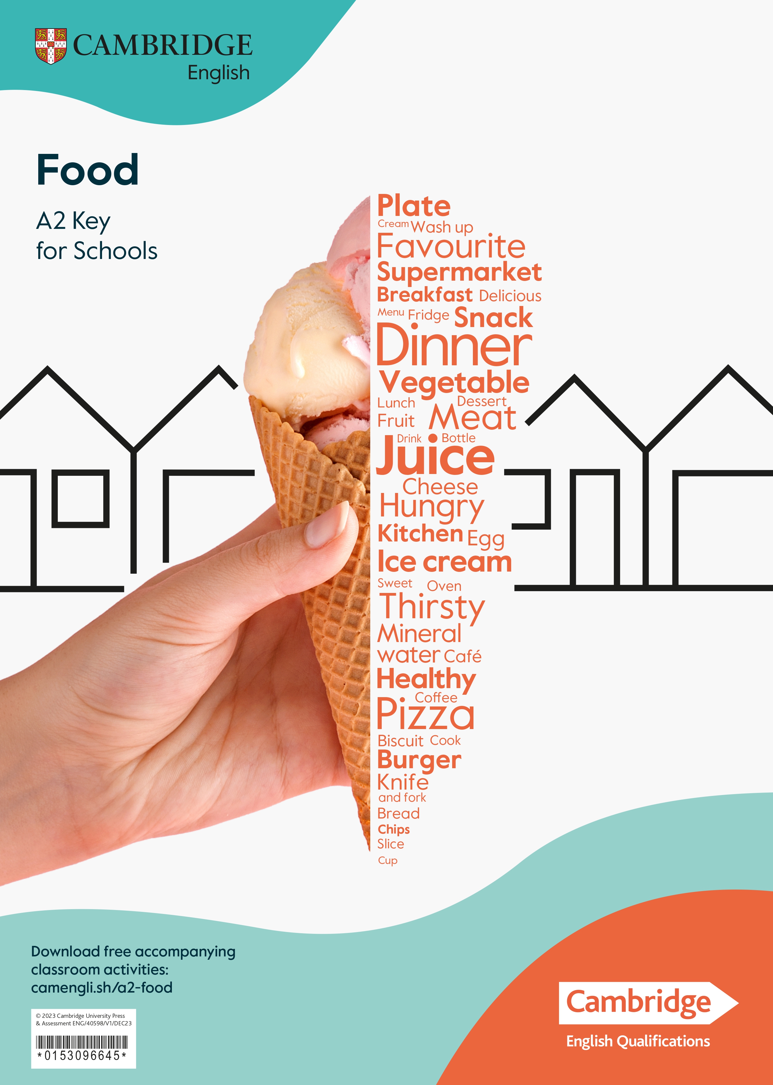 Hand holding an ice cream cone beside a food word cloud on a Cambridge English A2 poster.