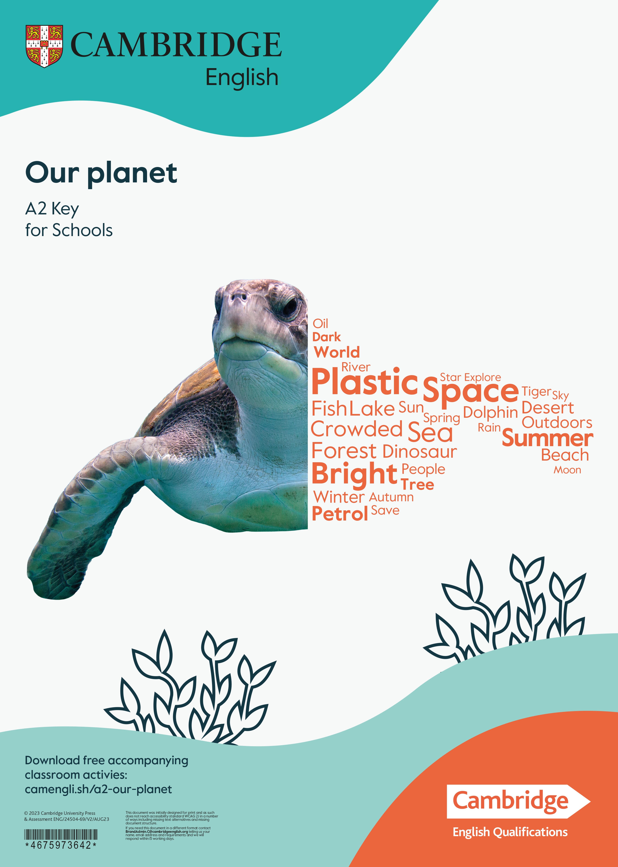 Sea turtle beside an environmental word cloud on a Cambridge English A2 poster.