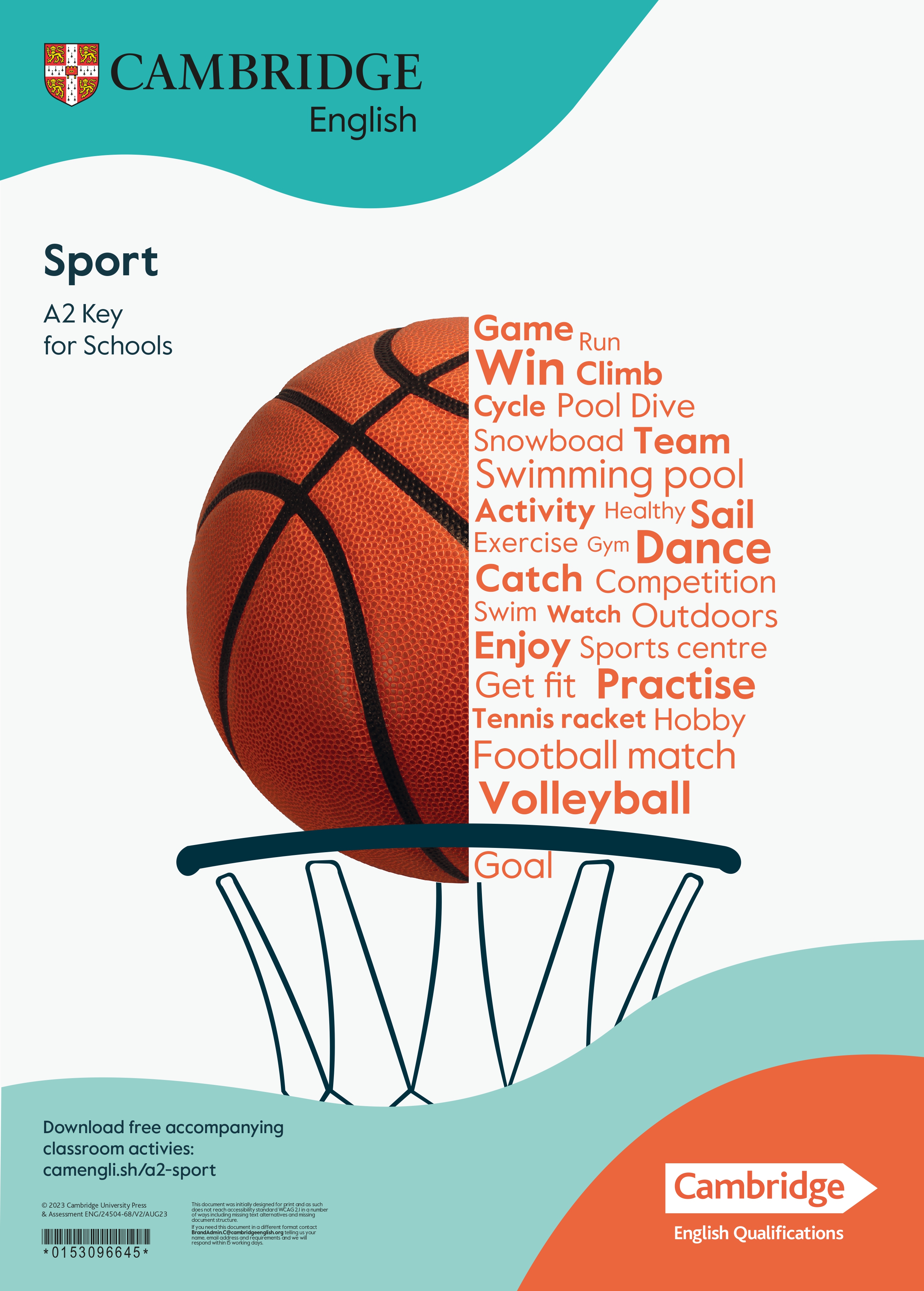 Basketball and sports word cloud on a Cambridge English A2 poster.