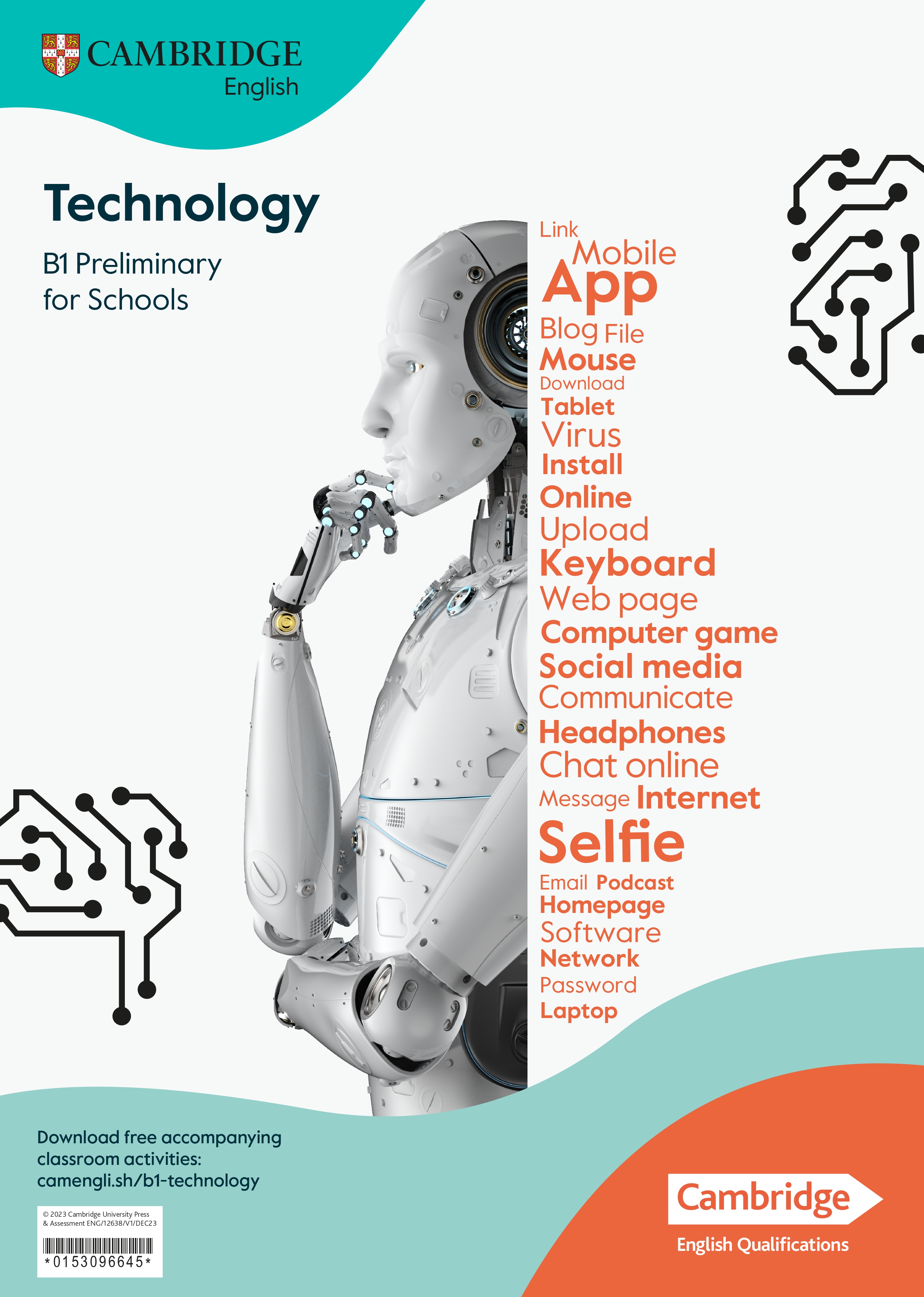 Robot beside a technology word cloud on a Cambridge English B1 poster.