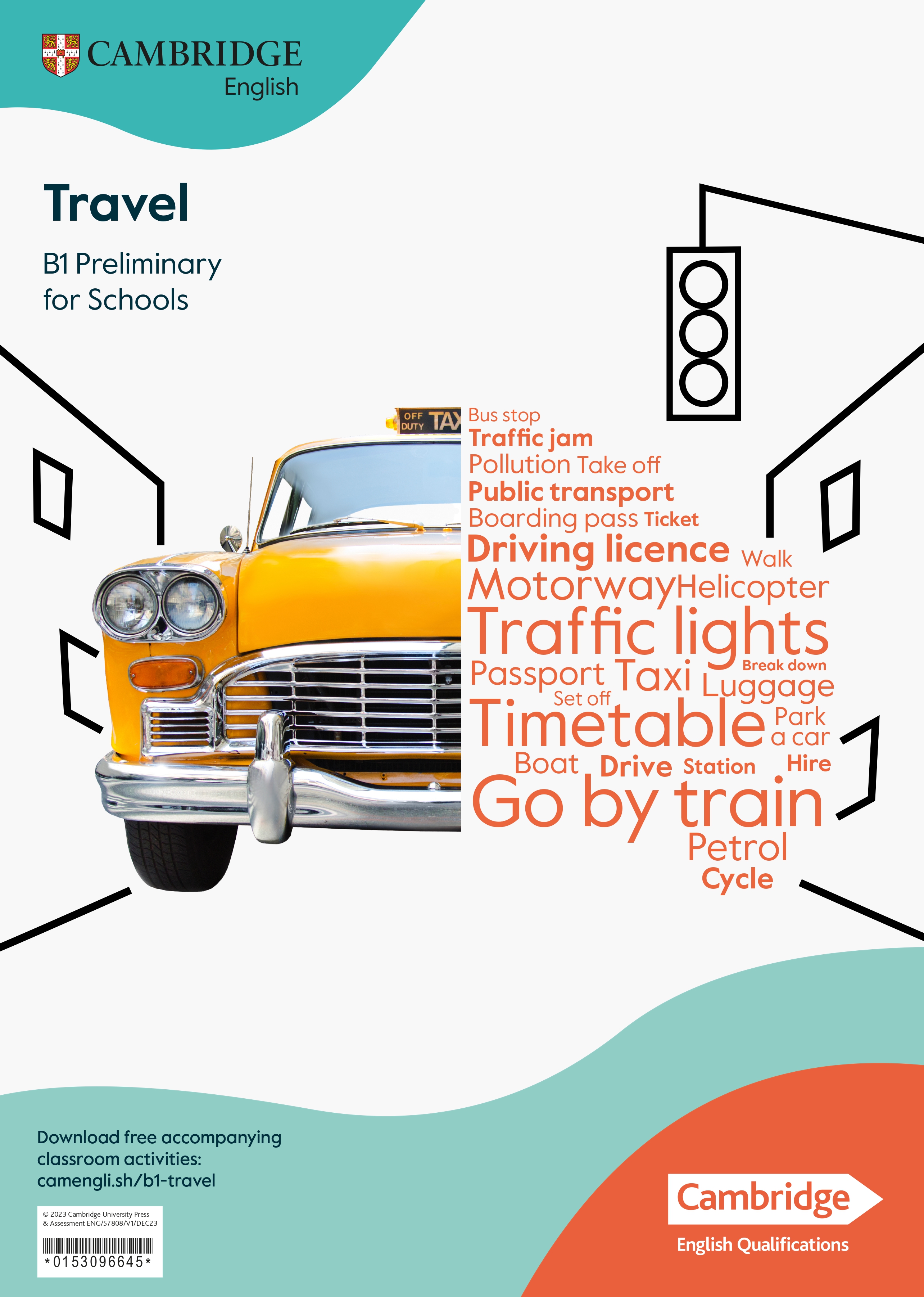 Yellow taxi beside a travel word cloud on a Cambridge English B1 poster.