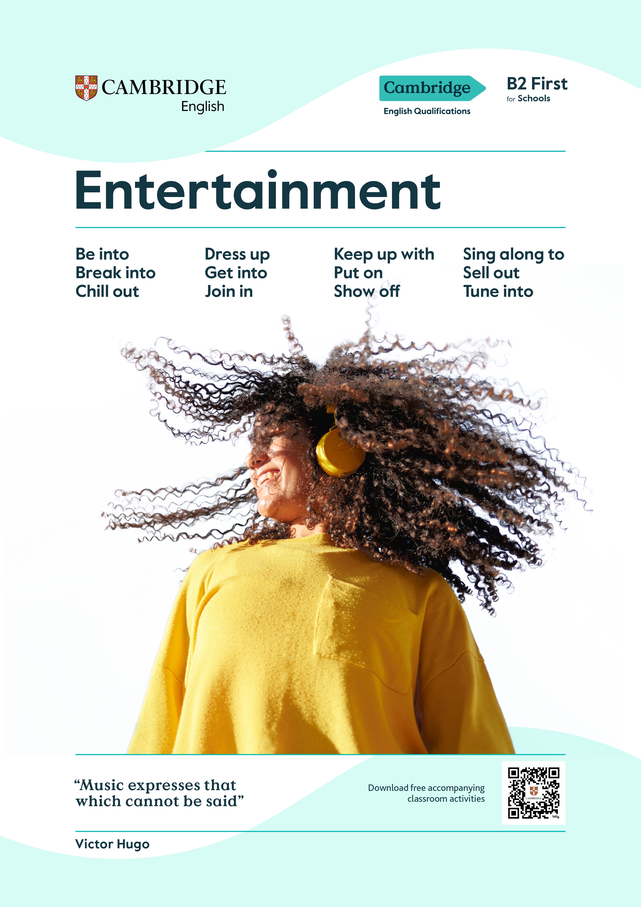 Person wearing headphones on a Cambridge English B2 Entertainment poster.