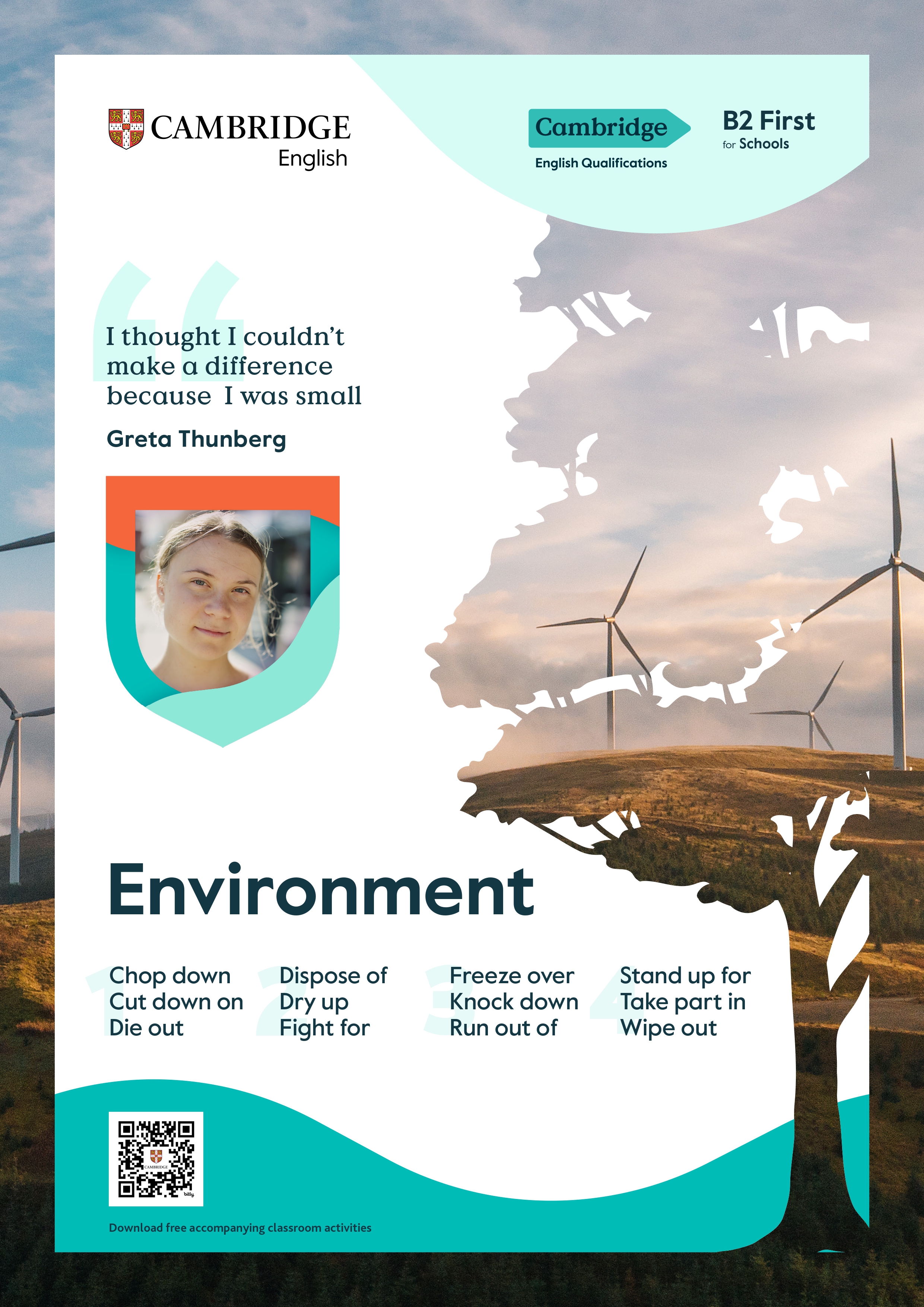 Environment poster with wind turbines, a portrait, and environmental vocabulary.