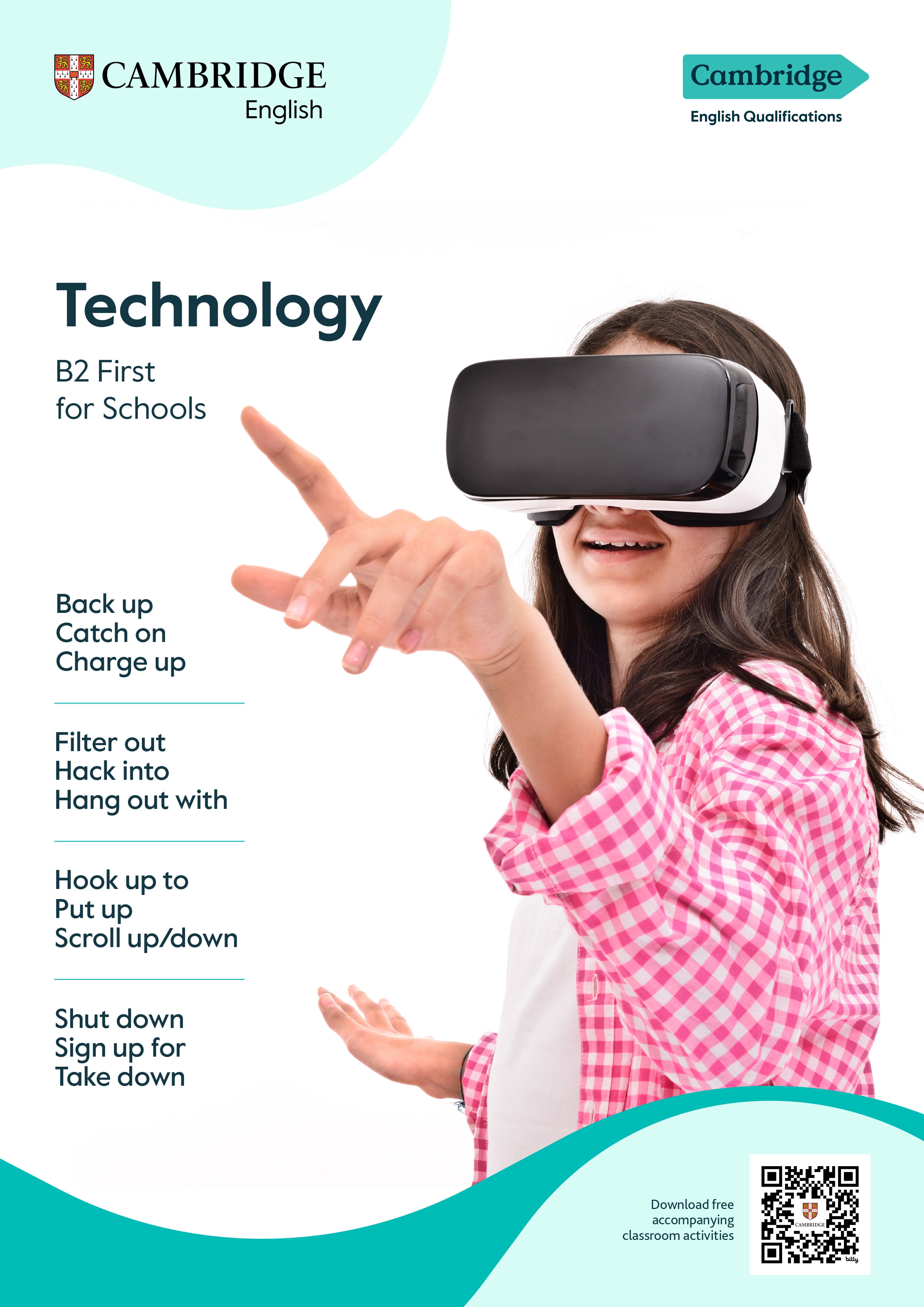 Person using a VR headset on a Cambridge English B2 Technology poster.