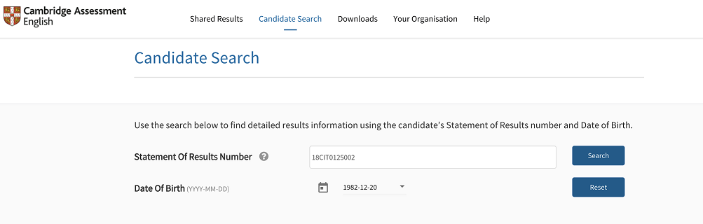 Screenshot of result service