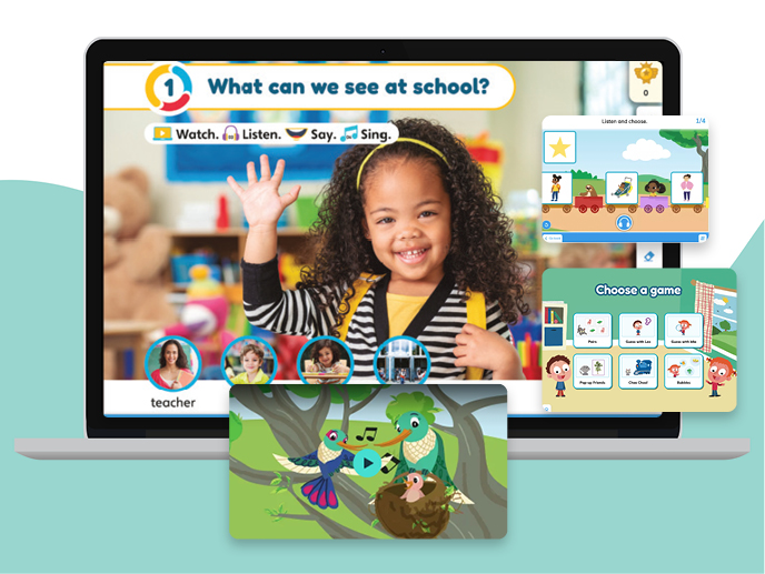 Parent and child using digital learning tools.
