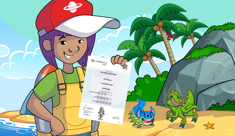 Cartoon character holding Cambridge English sign.