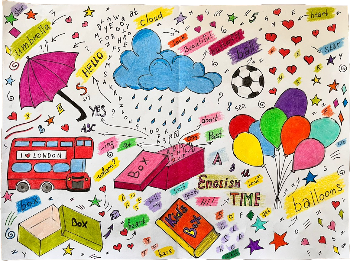 Colorful drawing with “I love London” bus and playful items.
