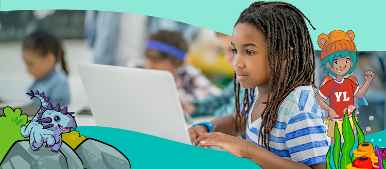 Child using a laptop in a classroom with colorful cartoon characters around the image.