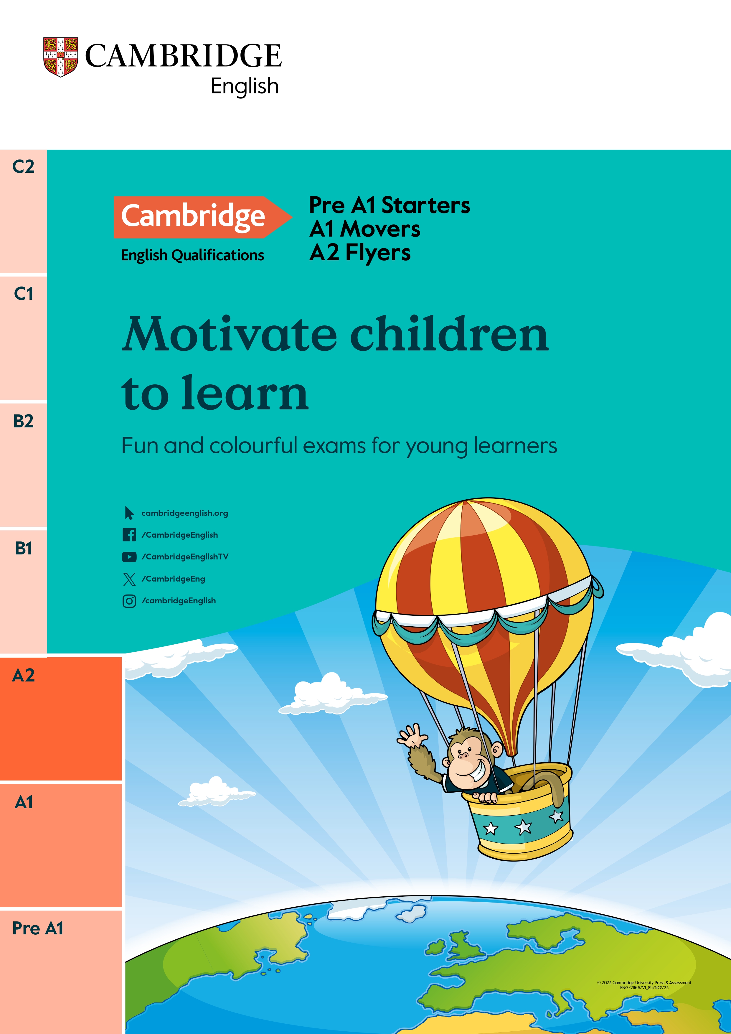 Cambridge English poster with a cartoon monkey in a hot-air balloon.