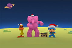 Pocoyo on a planet wearing a santa hat