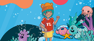 Cartoon child with sea creatures in an underwater learning scene.