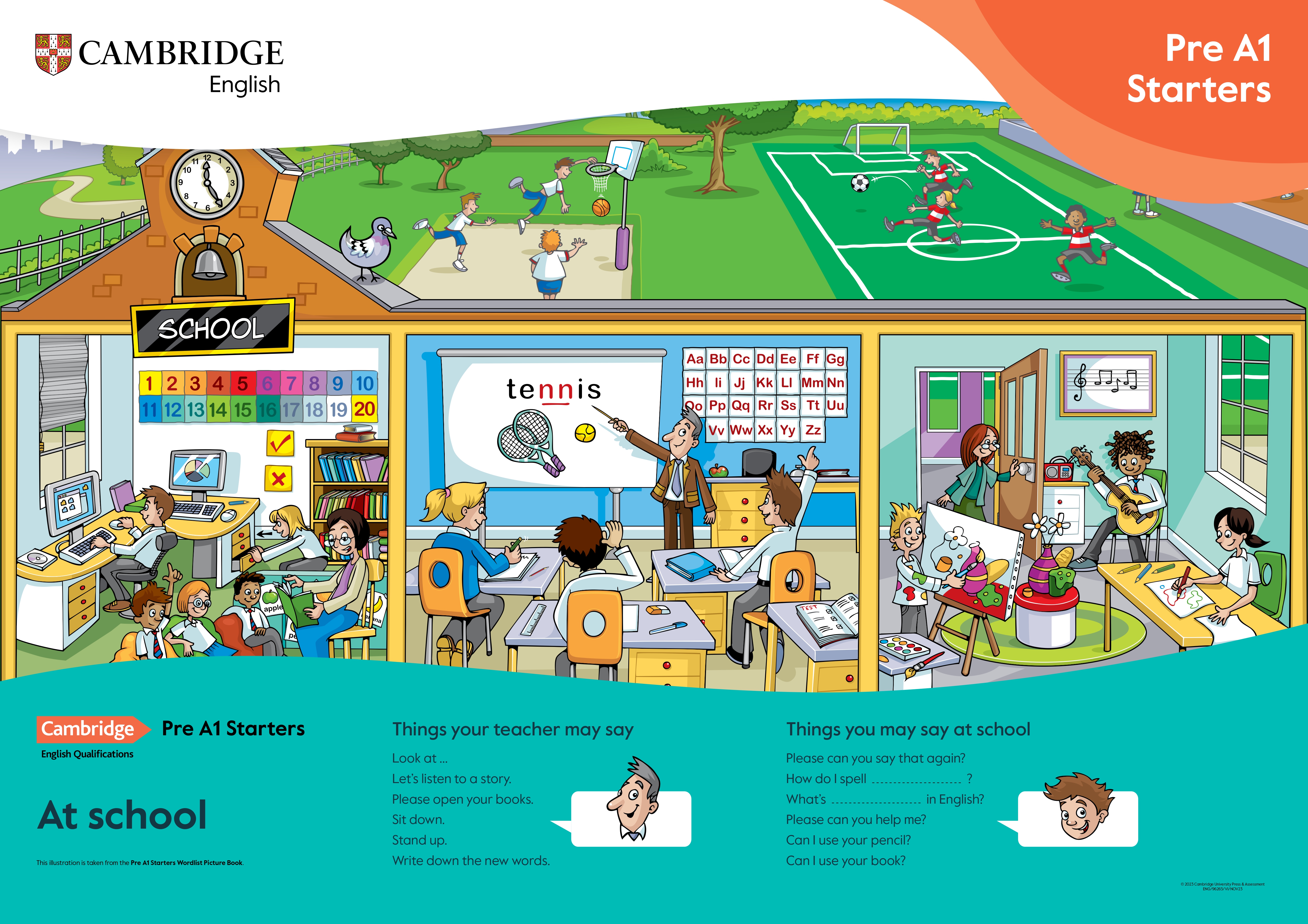 Pre A1 Starters At School scene showing classroom activities, lessons and sports.