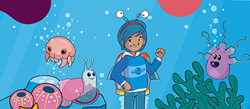 Cartoon child in a fantasy landscape with playful creatures.