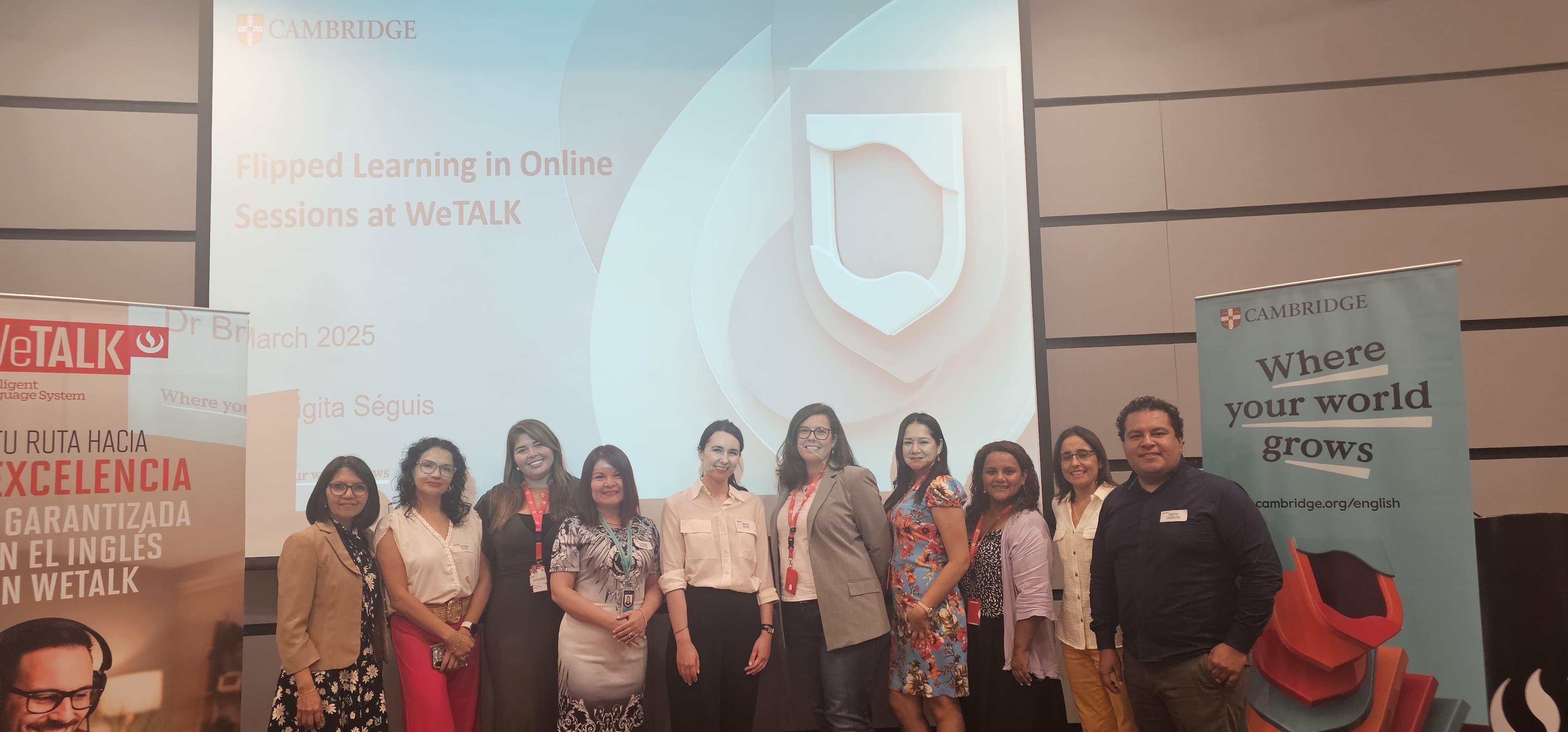 WeTALK educators presenting flipped learning for online English teaching with Cambridge branding.
