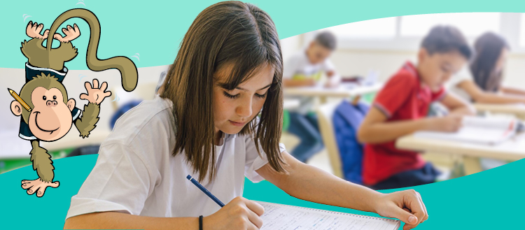 Children at desks doing fun learning activities.
