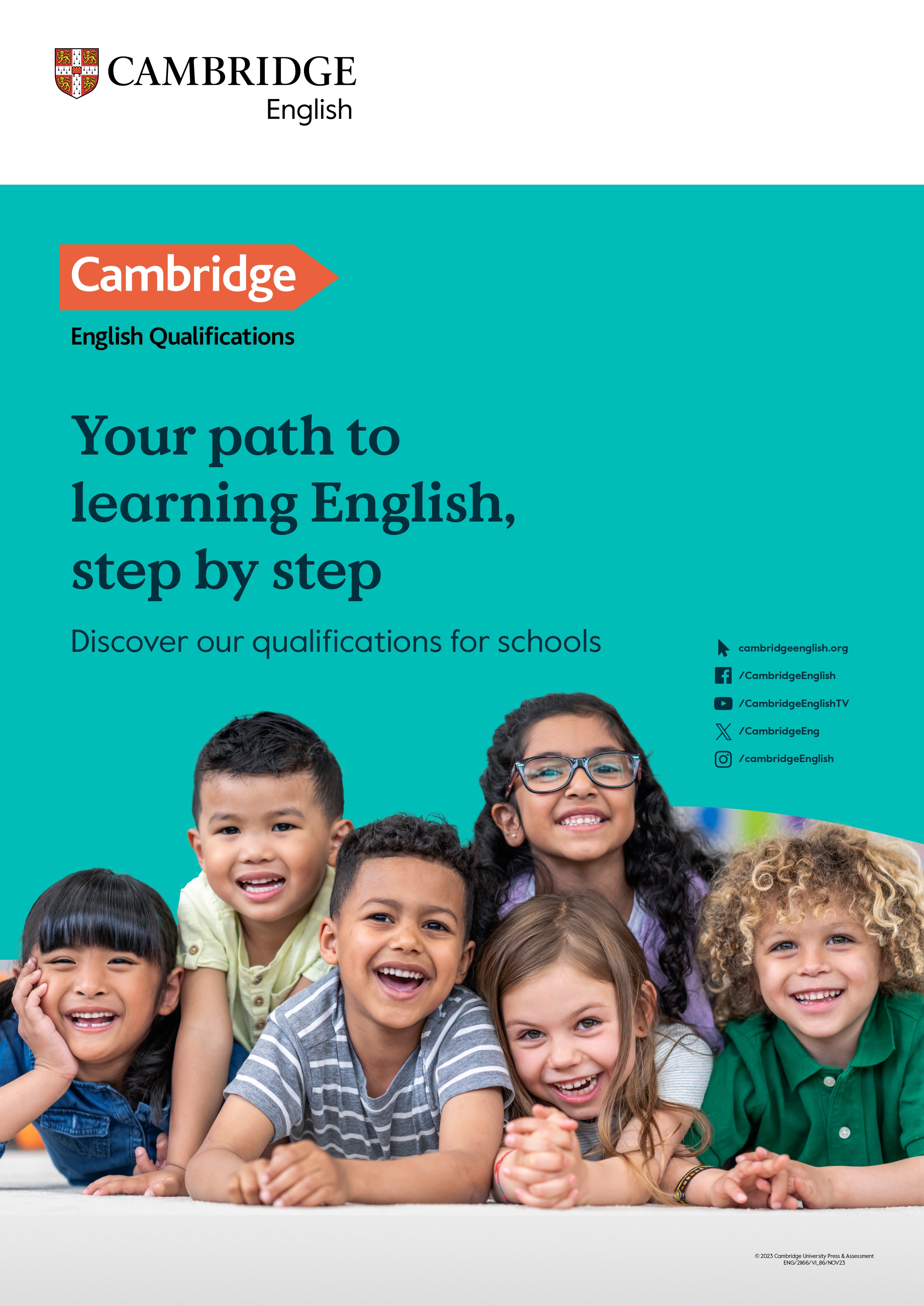 Cambridge English poster featuring children and the message Your path to learning English, step by step.