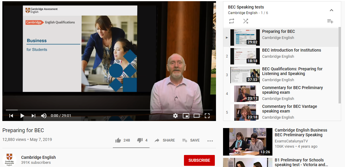 BEC Videos - Speaking Test - YouTube Playlist