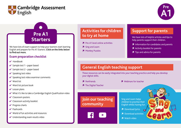 Support for teachers exam pre A1 starters for schools