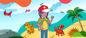 Child in cartoon scene learning to read, type, and talk in English.