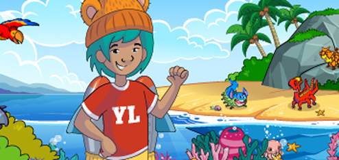 Cartoon character on beach with bird and animals.