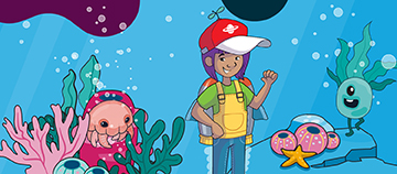 Child in underwater scene learning basic English skills.
