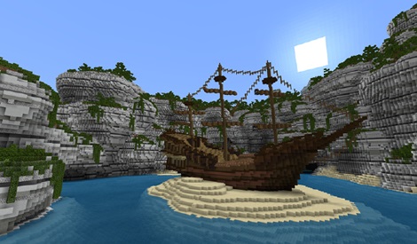 screenshot of English adventures with Cambridge of a built Pirate ship on a small sandy Island