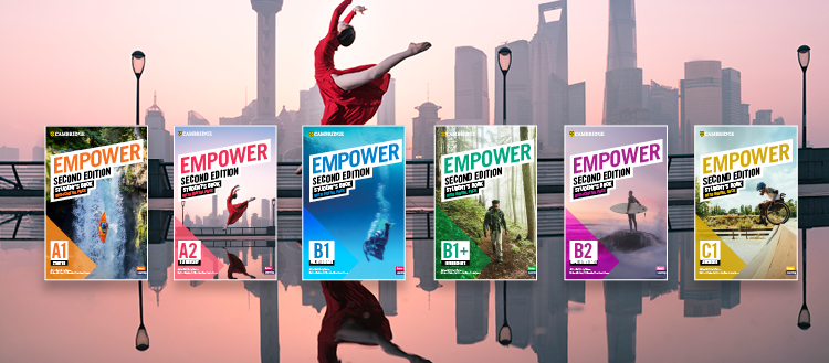 Six educational books with city skyline.