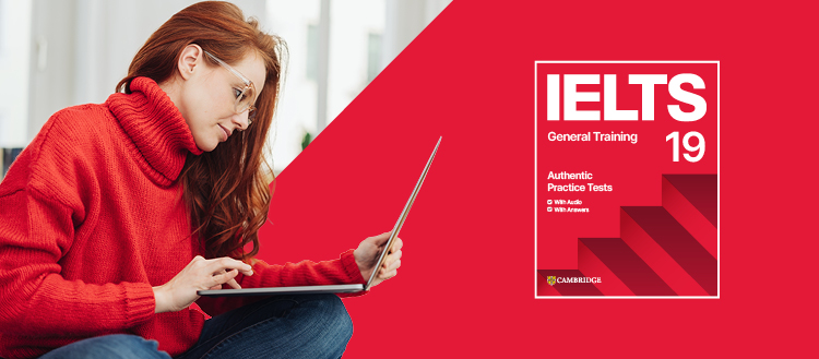 Woman with IELTS guide.