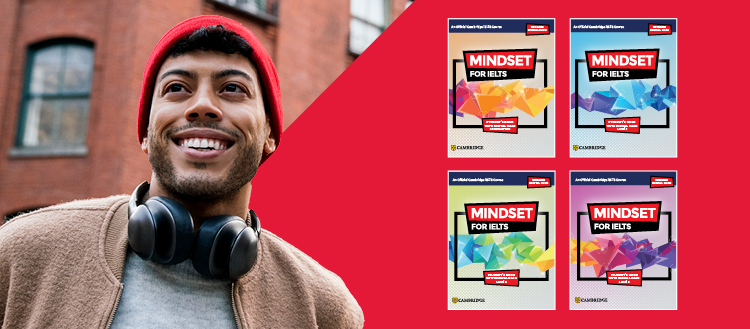 Smiling man with headphones and Mindset for IELTS package.