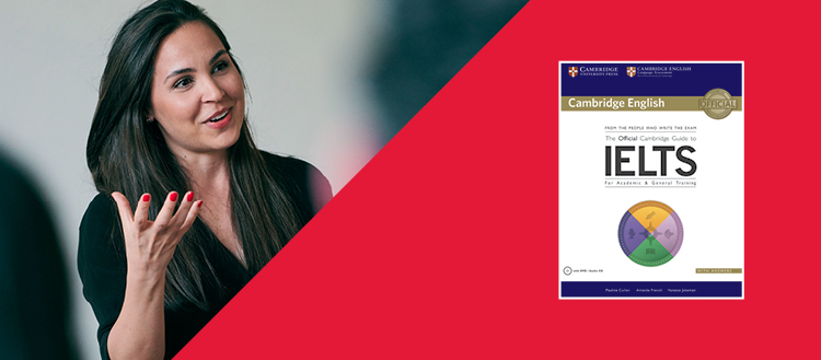Woman with The Official Cambridge Guide to IELTS.