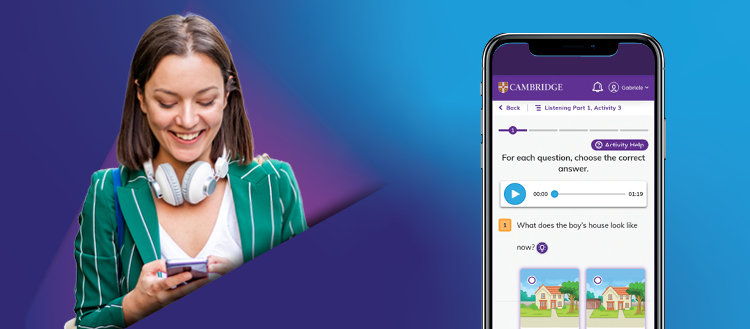 Woman using phone with purple background.