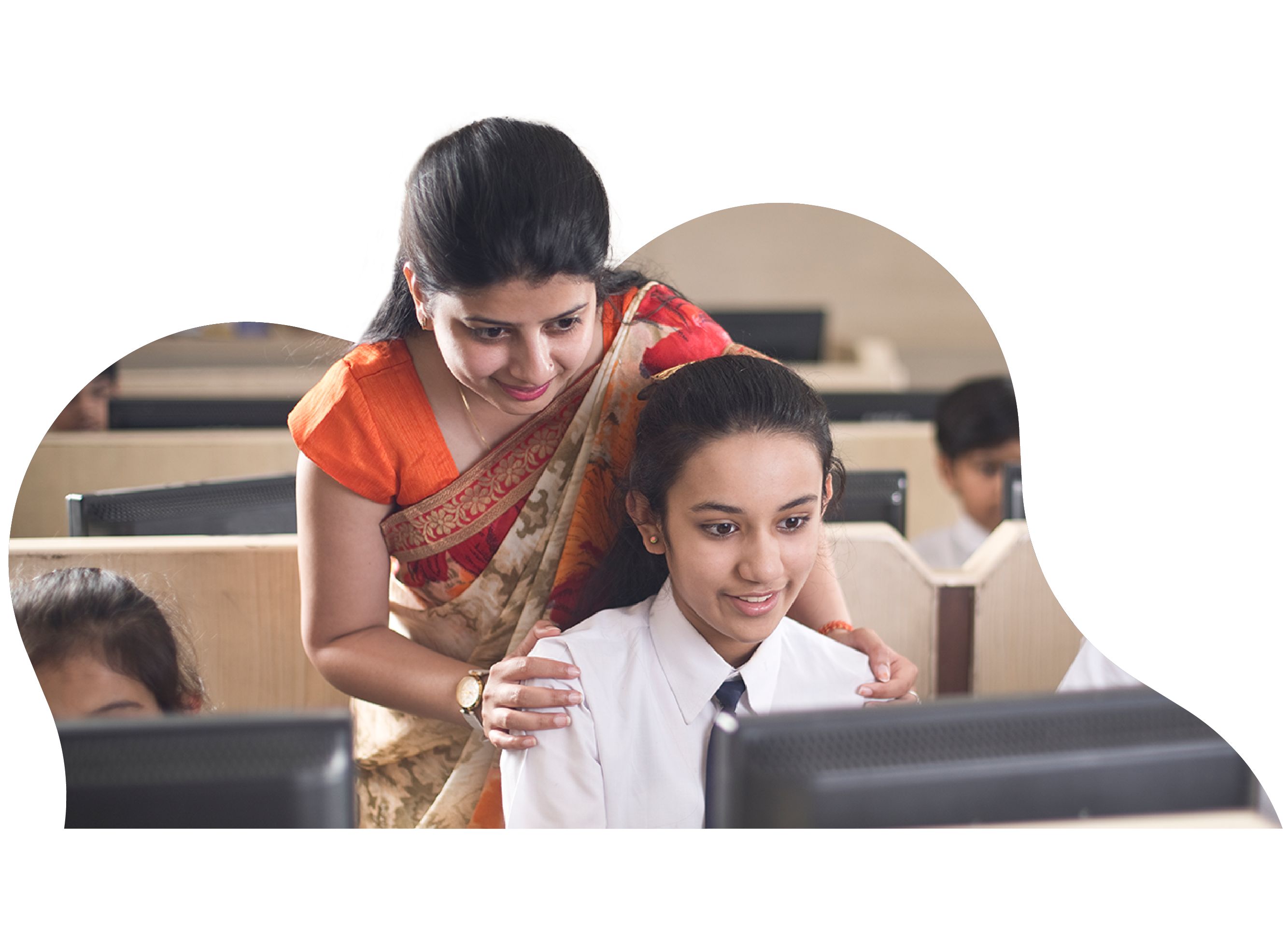 Teacher supporting students during digital English learning activity