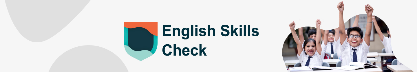 Students celebrating beside English Skills Check logo