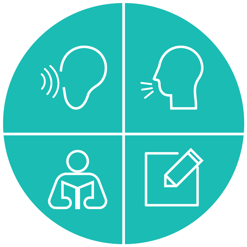 'Listening speaking reading writing skills icons in balanced language learning illustration