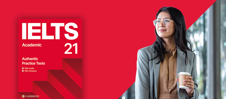 Woman with IELTS guide.