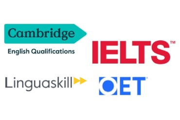 Logotipos de Cambridge English, IELTS y OET.