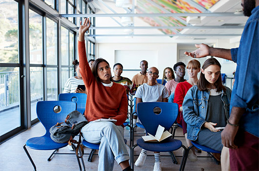 student holding a hand up in class